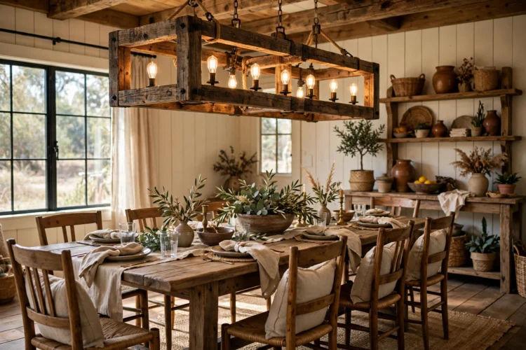 Rustic wood beam chandelier over a long dining table