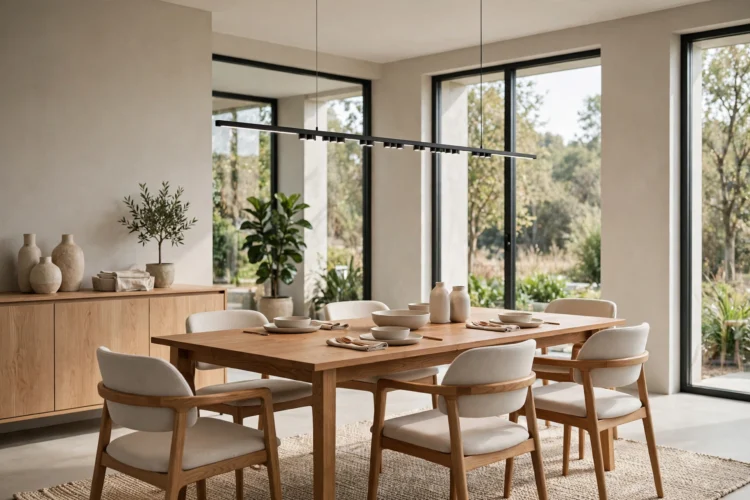 Slim linear chandelier above a rectangular dining table
