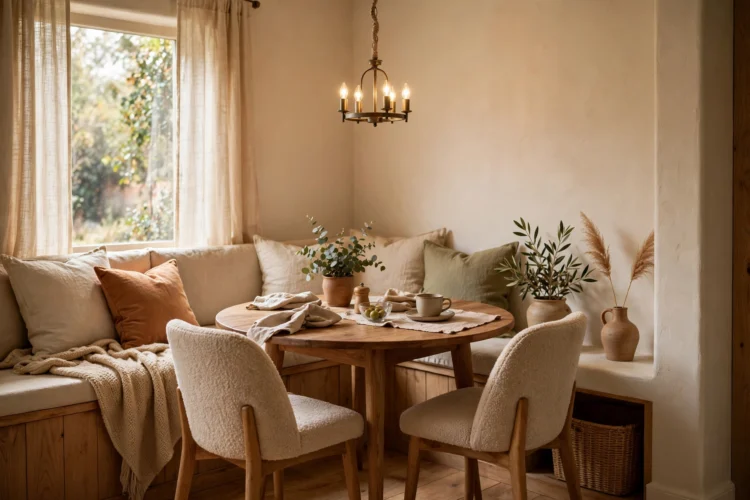 Small chandelier in a cozy dining nook with a round table