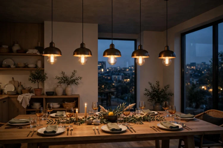 Row of pendant lights over a dining table in the evening