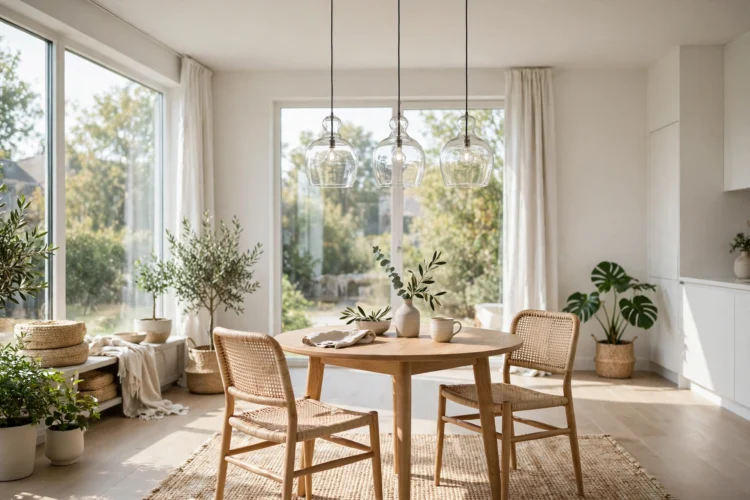 Glass pendant lights over a small dining table