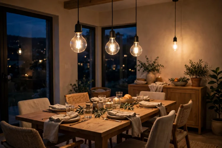 Smart bulbs in a dining room set to warm white