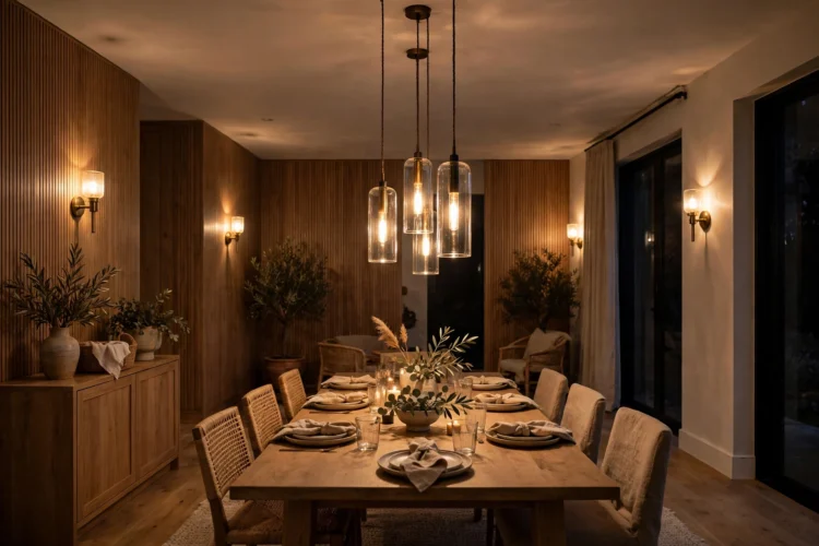 Layered dining room lighting with pendants and sconces