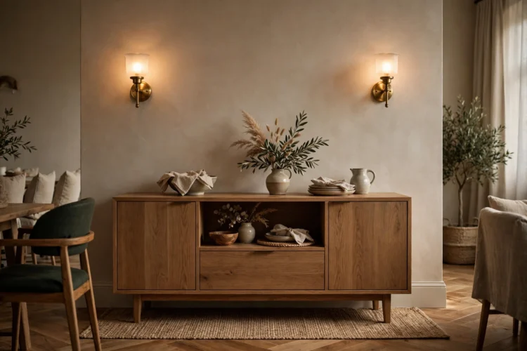 Wall sconces flanking a sideboard in a dining room