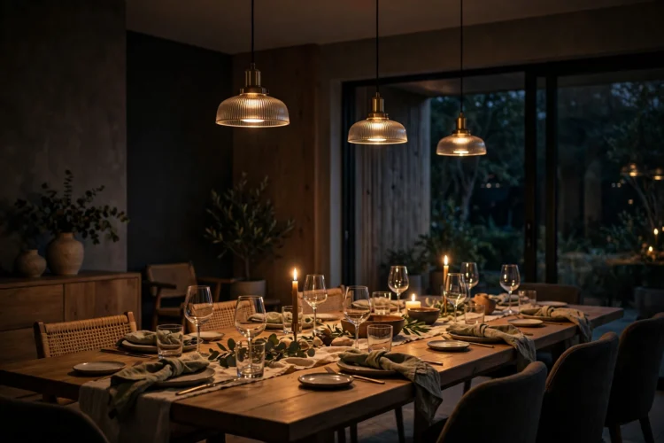 Dimmable dining room lights set low for a dinner party