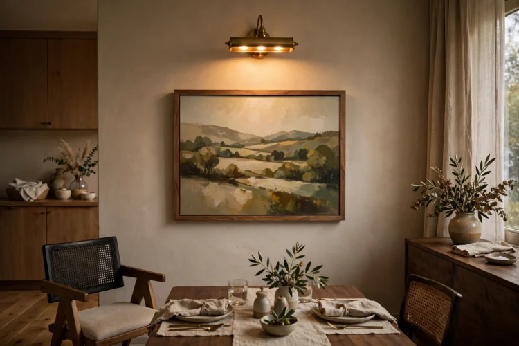Picture light above artwork in a dining room