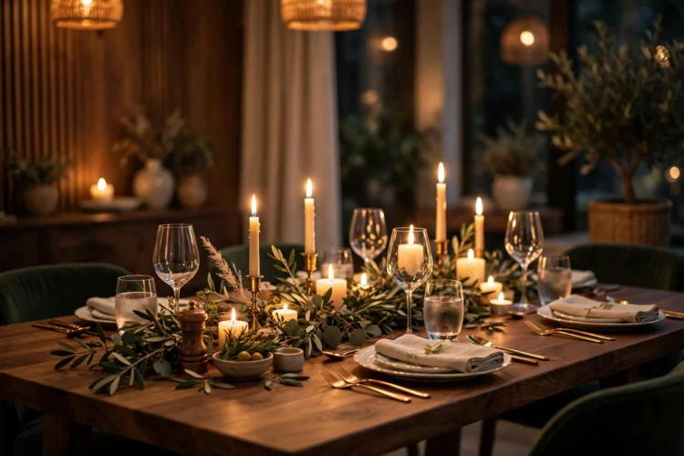 Candlelit dining table with warm ambient lighting