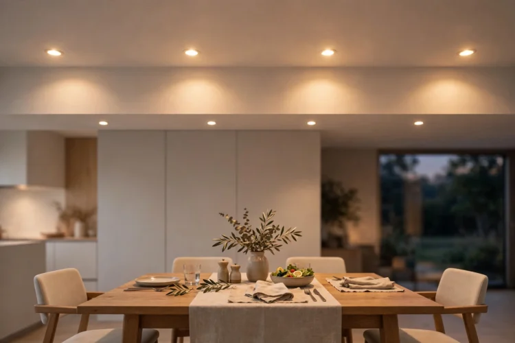 Recessed ceiling lights over a dining room table