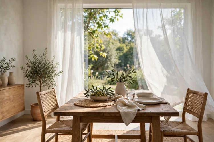 Dining table lit by a large window during daytime