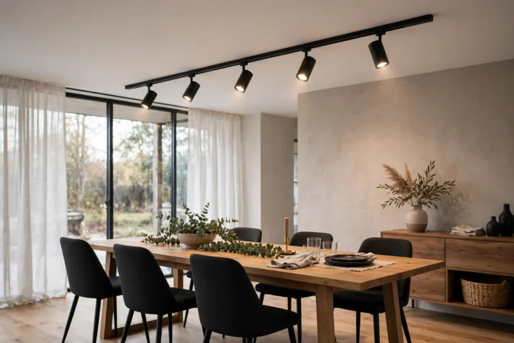 Modern track lighting in a dining room