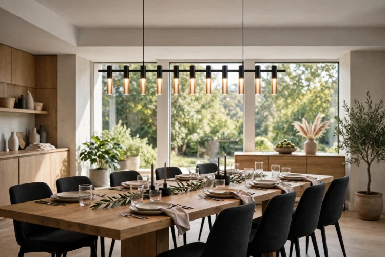 Linear chandelier centered over a long dining table