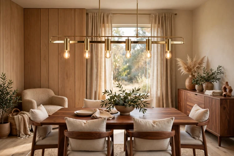 Brass linear chandelier above a walnut dining table
