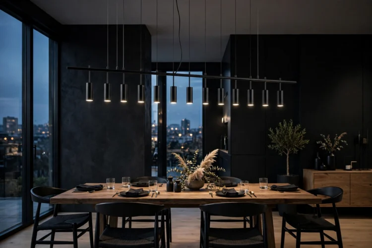 Black linear chandelier in a modern dining room