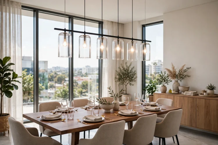 Linear pendant with glass shades over a dining table