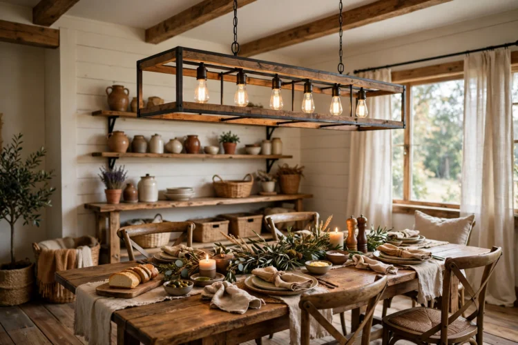Wood and metal linear chandelier in a farmhouse dining room