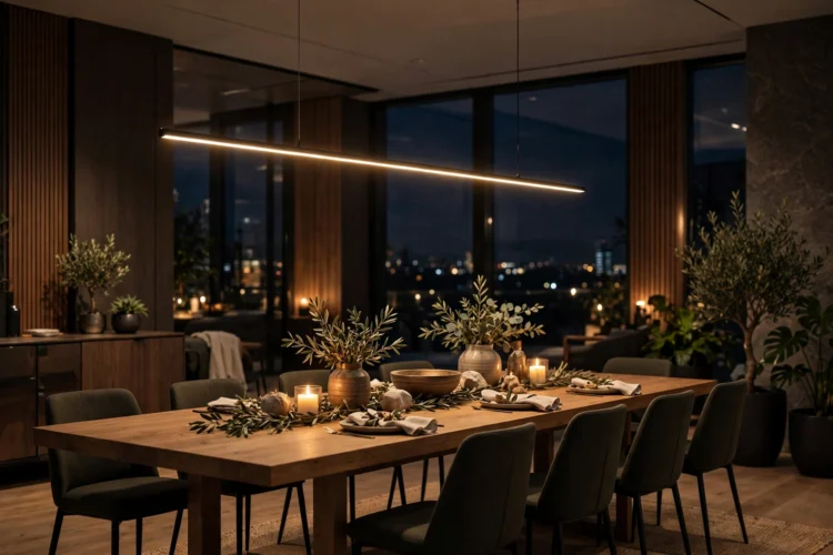Slim LED linear chandelier over a long table at night