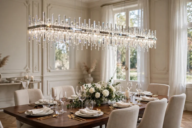 Crystal linear chandelier over a formal dining table