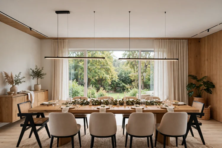Two linear pendants spaced over an extra long dining table
