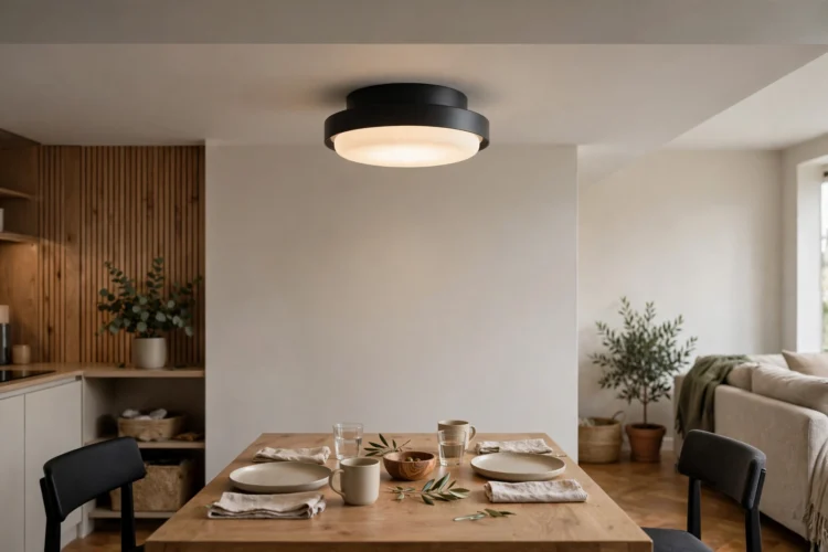 Flush mount pendant over a dining table under a low ceiling