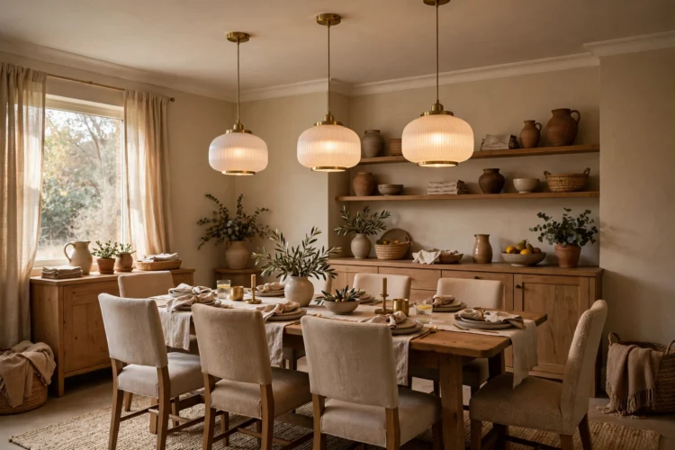 Semi-flush pendant lights in a dining room with eight-foot ceilings