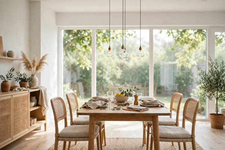 Small glass pendants over a compact dining table