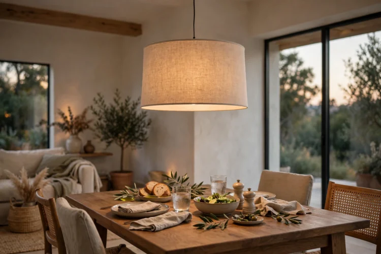 Drum pendant hanging low over a dining table