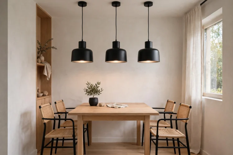 Black pendant lights over a dining table in a small room