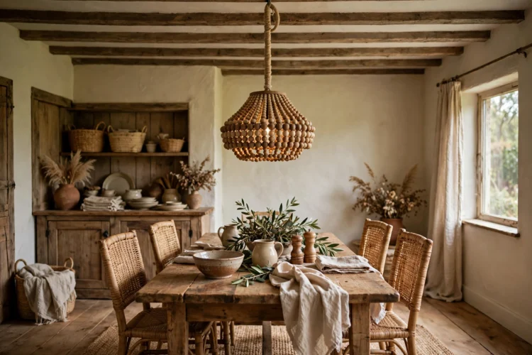 Wood bead pendant in a dining room with a low ceiling