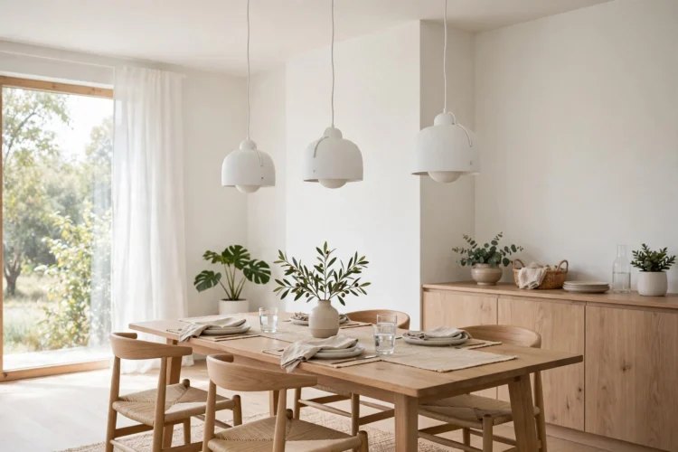 White pendant lights in a bright dining room