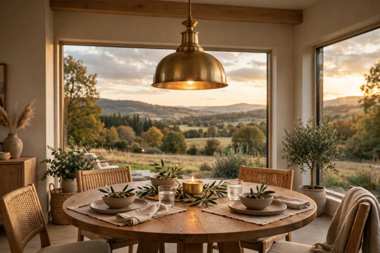 Brass semi-flush pendant over a round dining table