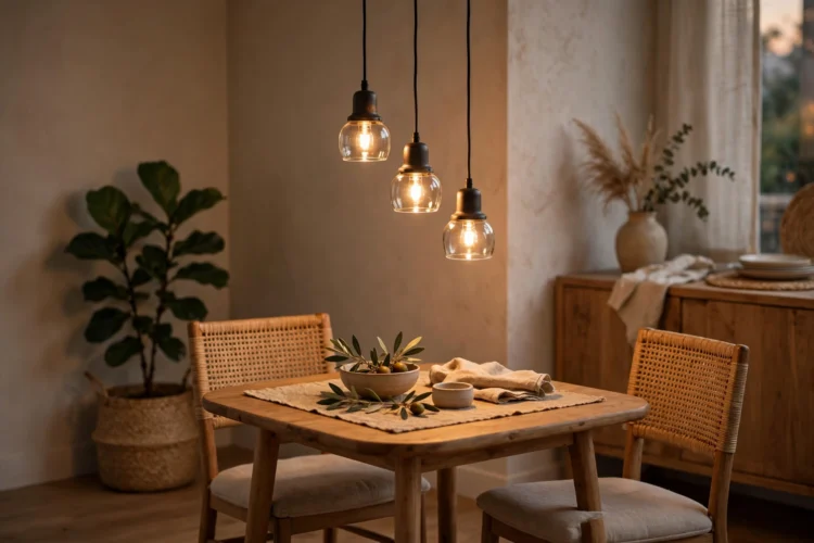 Cluster of mini pendants over a small dining table