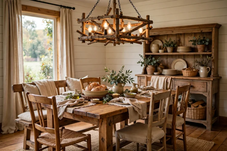 Rustic wood chandelier over a farmhouse dining table