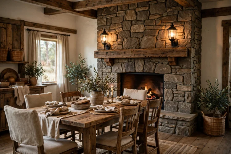 Rustic dining room with a stone fireplace and warm lights