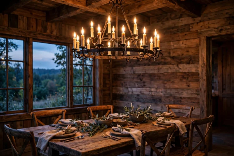 Candle chandelier in a rustic dining room at dusk