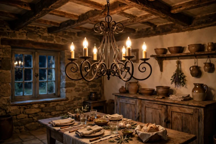Wrought iron chandelier in a cottage dining room