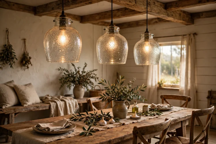 Seeded glass pendants over a rustic dining table
