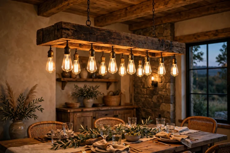 Wood beam chandelier with Edison bulbs in a dining room