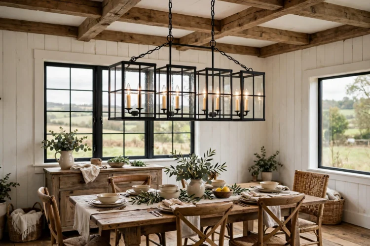 Lantern chandelier in a farmhouse dining room