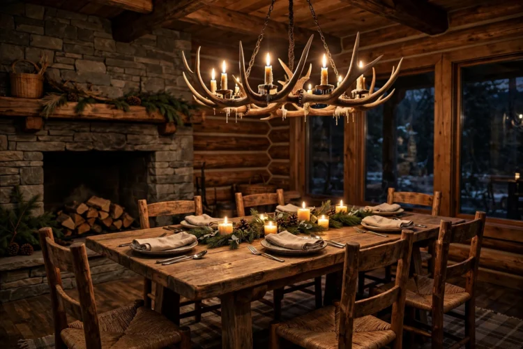 Antler chandelier over a rustic dining table