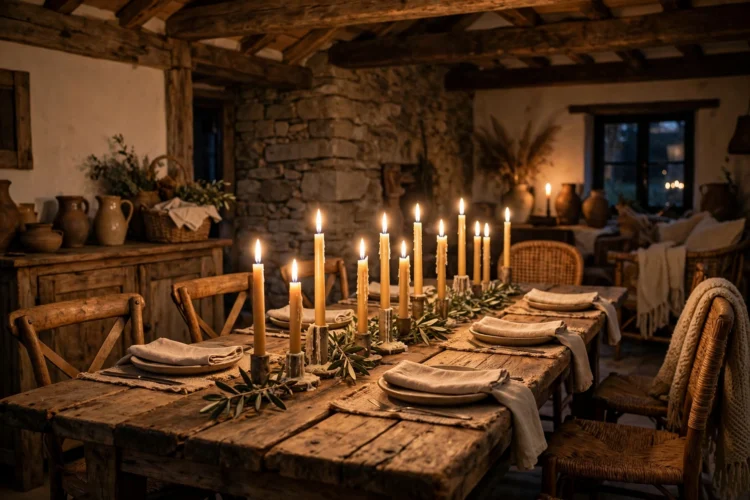 Rustic dining room with candles and warm lighting