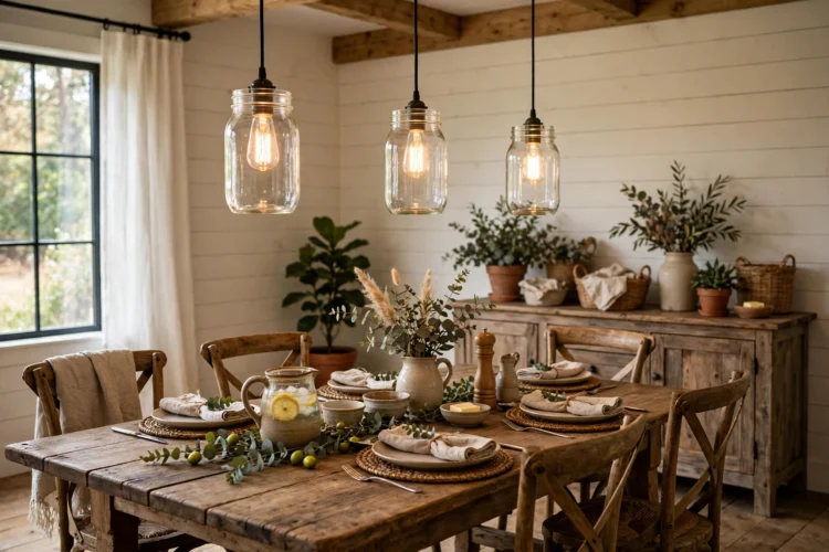 Mason jar pendant lights over a farmhouse table