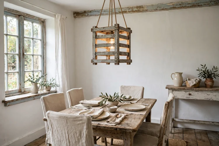 Distressed wood pendant in a cottage dining room