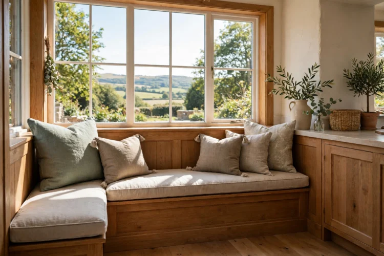 Built-in banquette bench with cushions under a sunny kitchen window
