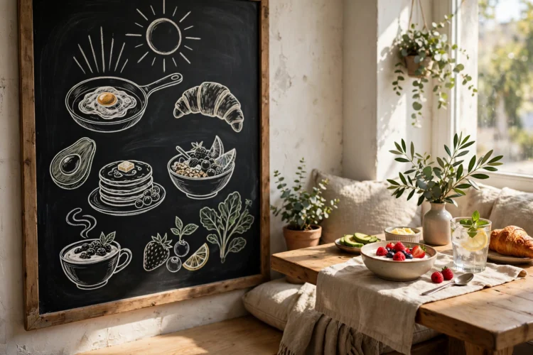 Chalkboard wall with a breakfast menu beside a sunny nook table