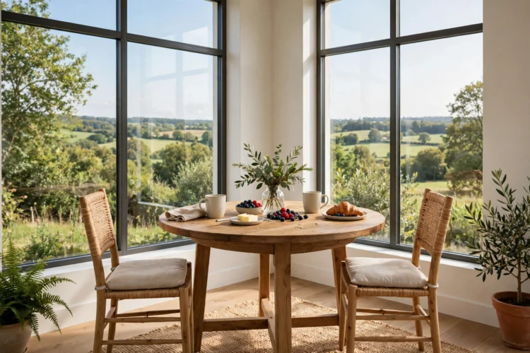 Round wooden breakfast table with two chairs in a bright corner nook