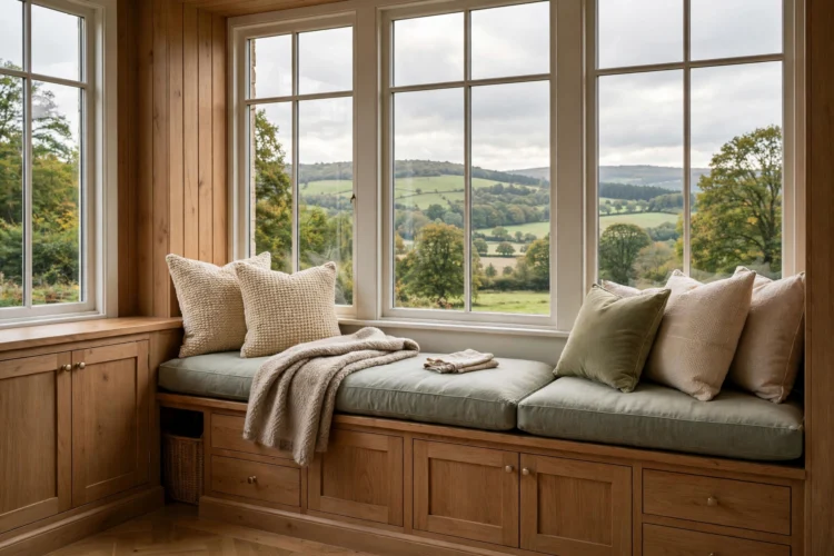 Window seat with storage and cushions in a breakfast nook
