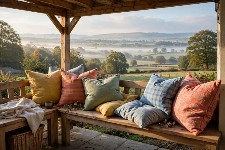Colorful washable cushions on a breakfast nook bench in morning light