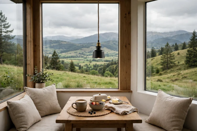 Small pendant light hanging low over a breakfast nook table
