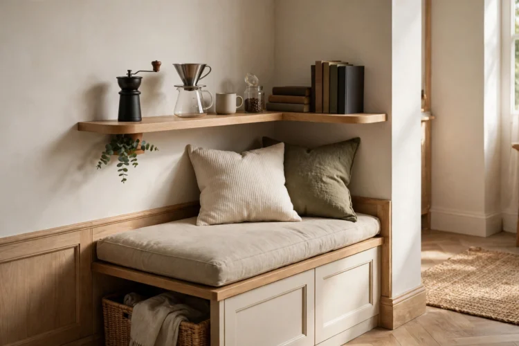 Floating corner shelf with coffee gear and books beside a nook bench