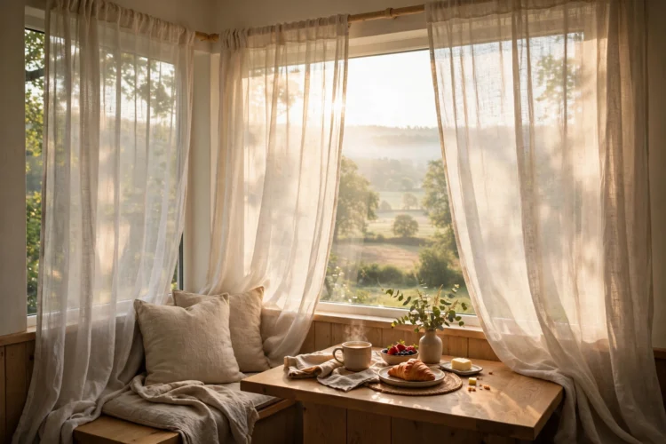 Sheer linen curtains softening morning sun in a breakfast nook